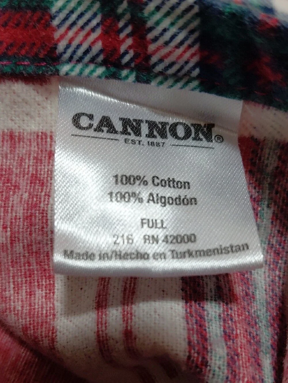 Cannon Full Size Red Plaid Cotton Flannel Sheet Set with White and Green Accents